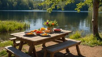 A picnic setup by a serene lake, featuring a wooden table with various colorful dishes. photo