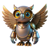 energetic gorgeous Steampunk robotic owl with glowing eyes and articulated wings. NO BACKGROUND with Transparent Background. elite png