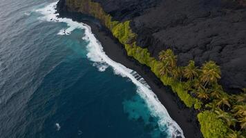 Aerial view of a black sand beach bordered by lush greenery and ocean waves. photo
