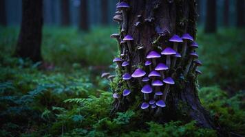 A cluster of vibrant purple mushrooms growing on a tree trunk in a misty forest. photo