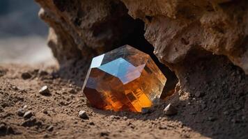 A crystal gemstone partially embedded in earthy terrain, showcasing its facets and colors. photo