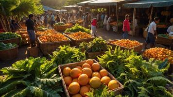 A vibrant market scene filled with fresh fruits and vegetables, bustling with people. photo