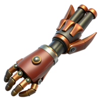 beautiful iconic Steampunk prosthetic arm with articulated joints and a claw hand. NO BACKGROUND with Transparent Background. png