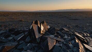 A cluster of dark, angular crystals set against a vast, open landscape at sunset. photo