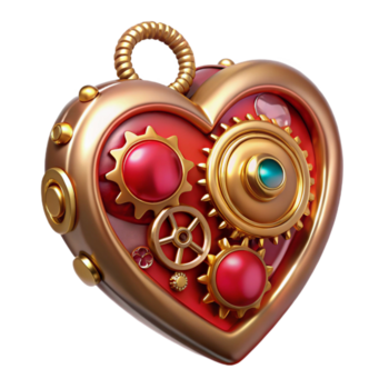cautivador energético medio siglo Steampunk corazón medallón con intrincado engranajes y un rubí piedra preciosa. No antecedentes con transparente antecedentes. agudo png