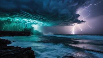 Dramatic storm over ocean with lightning illuminating turbulent waves and dark clouds. photo