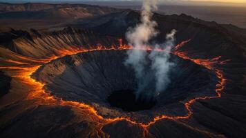 Aerial view of an active volcano with lava and smoke emitting from the crater. photo