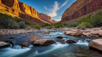 Scenic view of a river flowing through a canyon with rocky cliffs and vibrant sky. photo
