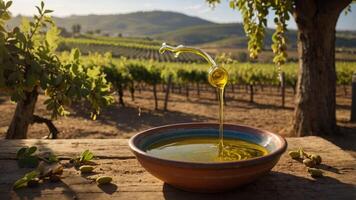 A bowl of olive oil with an olive tree backdrop in a vineyard setting. photo