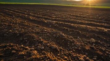 A close-up view of freshly tilled soil in a field with sunlight illuminating the landscape. photo