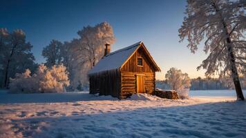 A serene winter scene featuring a rustic cabin surrounded by snow and frosted trees. photo
