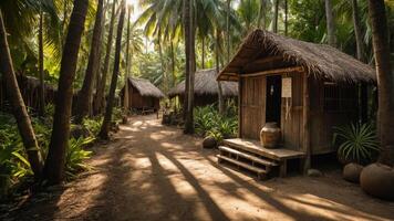 Tropical huts nestled in a lush forest, creating a serene and tranquil atmosphere. photo