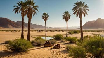 A serene desert landscape with palm trees, camels, and distant mountains under a clear sky. photo