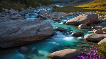 A serene river flows through rocky terrain, surrounded by lush greenery and colorful flowers. photo