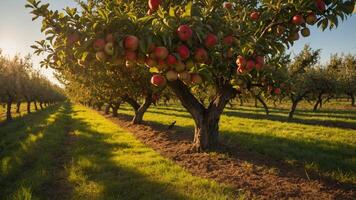A serene apple orchard with ripe fruit hanging from trees, bathed in warm sunlight. photo
