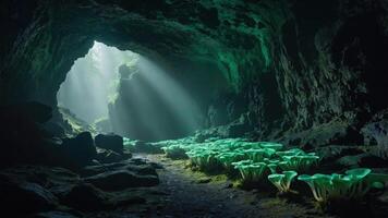A mystical cave illuminated by beams of light, with glowing mushrooms lining the path. photo