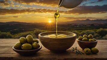 Olive oil being poured into a bowl at sunset, surrounded by olives and a scenic landscape. photo