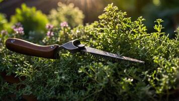A gardening tool resting on aromatic herbs in a sunlit garden. photo