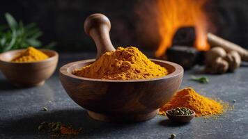 A wooden bowl filled with vibrant turmeric powder, surrounded by spices and a warm background. photo