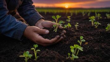 A person nurturing a young plant in rich soil during sunset, symbolizing growth and care. photo