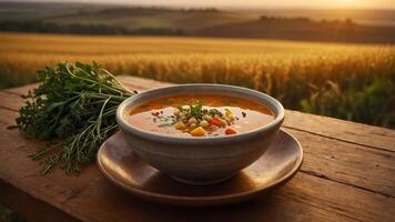 A bowl of soup on a wooden table with a scenic field in the background at sunset. photo