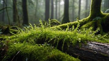 Lush green moss and droplets on a log in a misty forest setting. photo