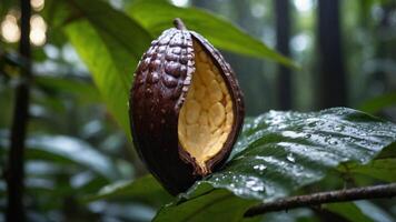 A cacao pod split open, revealing seeds, resting on a leaf in a lush forest. photo