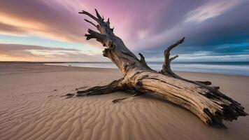A weathered tree trunk rests on a sandy beach under a colorful sky at sunset. photo