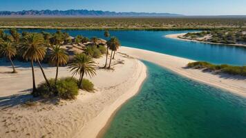 Aerial view of a serene river winding through a desert landscape with palm trees. photo