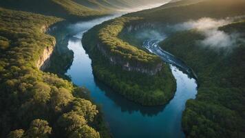 Aerial view of a winding river surrounded by lush greenery and mountains. photo