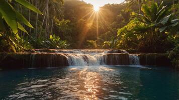A serene waterfall scene with sunlight filtering through lush greenery. photo