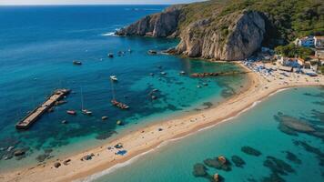 Aerial view of a serene beach with clear waters, boats, and rocky cliffs. photo
