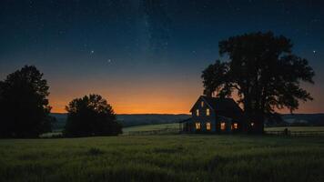 A serene countryside scene at dusk, featuring a house illuminated by warm light under a starry sky. photo