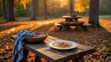 A cozy outdoor meal featuring a bowl of soup, surrounded by autumn leaves and picnic tables. photo