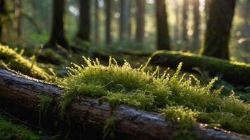 A serene forest scene showcasing moss on a log with sunlight filtering through trees. photo