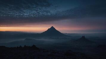 A serene mountain landscape at dawn, showcasing a peak against a colorful sky. photo