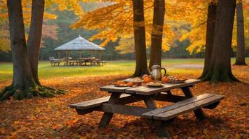 A picnic table adorned with food and drinks in a serene autumn setting. photo