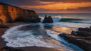 A serene coastal landscape at sunset with waves crashing against rocky formations. photo