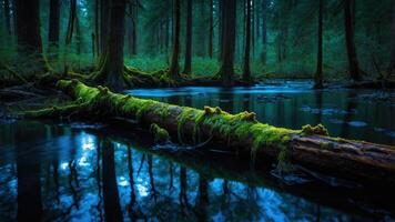 A serene forest scene featuring a moss-covered log in calm waters surrounded by trees. photo