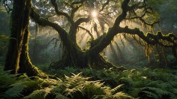 A majestic tree with sun rays filtering through, surrounded by lush ferns in a serene forest. photo