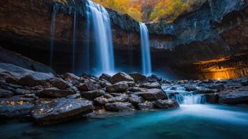 A serene waterfall cascading into a rocky pool, surrounded by autumn foliage. photo