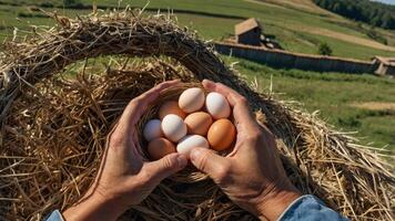 Hands holding a nest of assorted eggs on a farm, with a scenic landscape in the background. photo