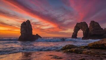 A vibrant sunset over the ocean, featuring rock formations and waves. photo