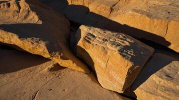 A close-up view of large, textured rocks with shadows in a natural landscape. photo