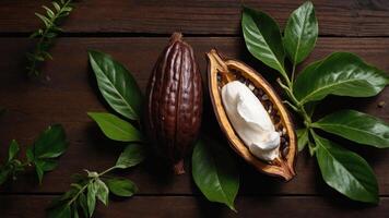 A cacao pod with open shell and white pulp, surrounded by green leaves on a wooden surface. photo