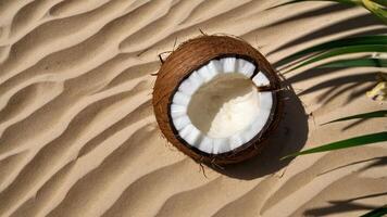 A coconut half rests on sandy beach, showcasing its creamy interior and textured surroundings. photo