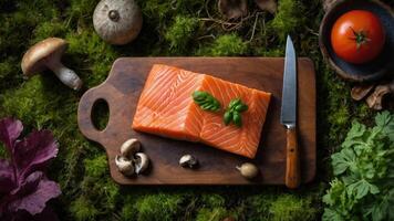 Fresh salmon fillets on a wooden board with herbs and vegetables, set in a natural environment. photo