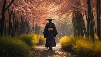 A figure in traditional attire walks through a serene cherry blossom path. photo