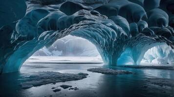 A stunning ice cave with blue hues and intricate formations reflecting light. photo
