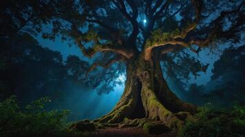 A majestic tree illuminated by moonlight in a misty forest, creating a mystical atmosphere. photo